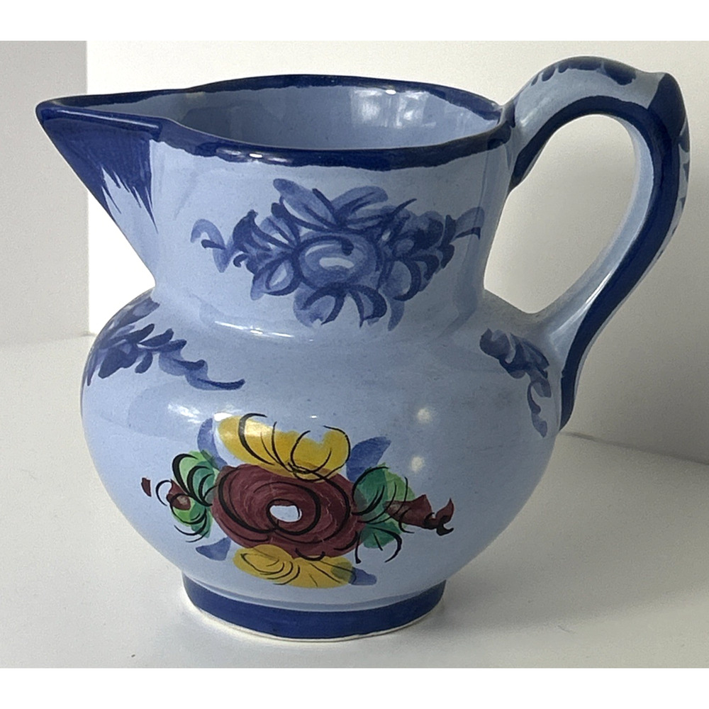 Vestal Alcobaca Portugal Pottery Drink Pitcher Blue Floral Red Flower
